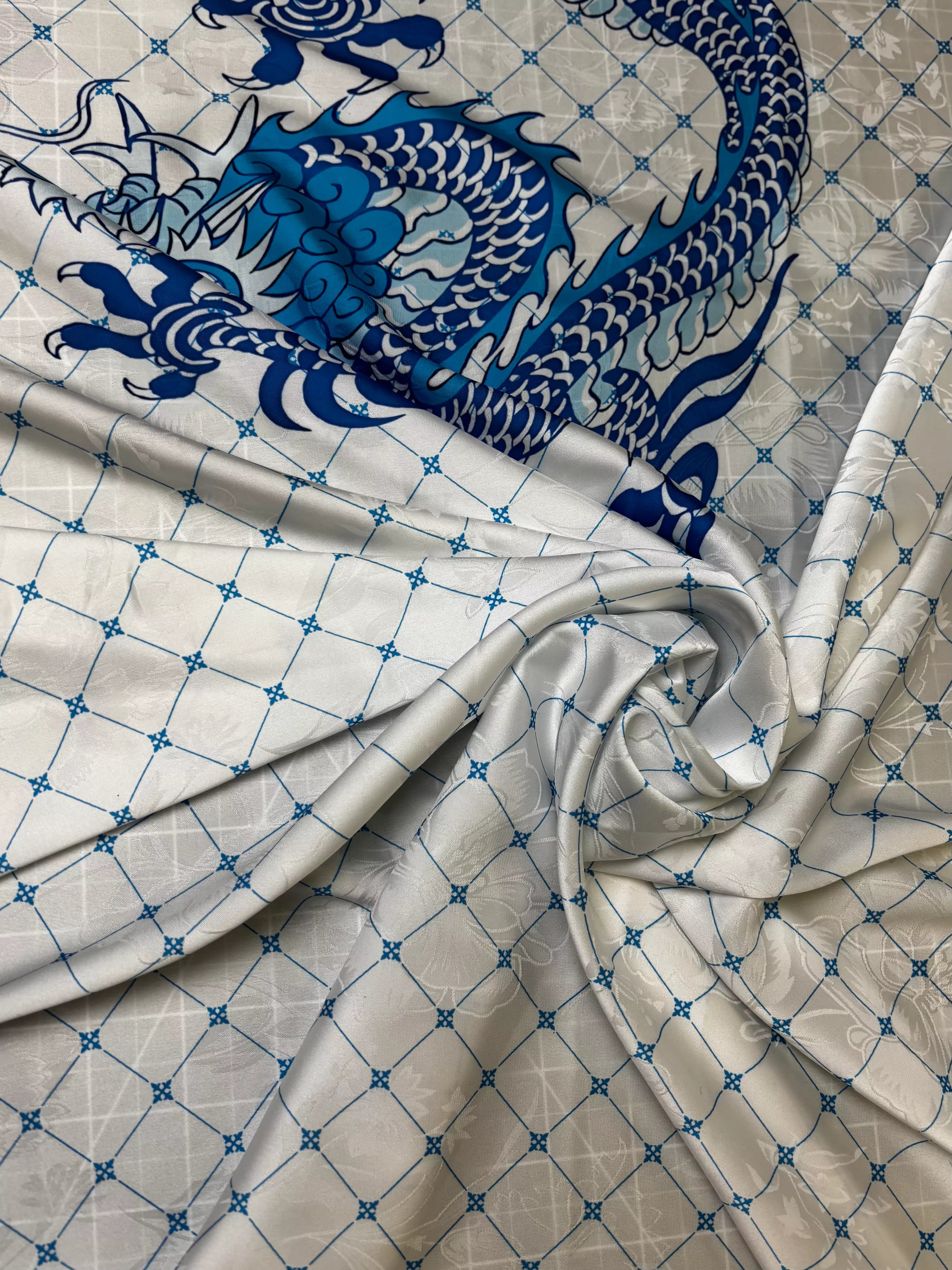 Blue Dragon on White | Viscose Poly Jacquard Blend