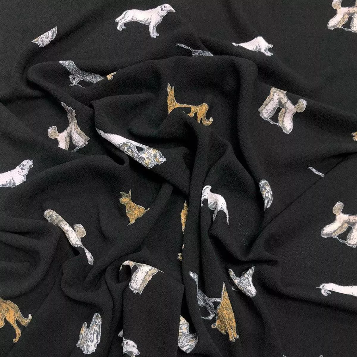 dogs-on-black-polyester-crepe-fabric Dogs on Black Polyester Crepe Fabric
