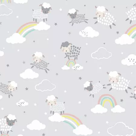 Grey Cute Sheep Jumping Over Rainbows