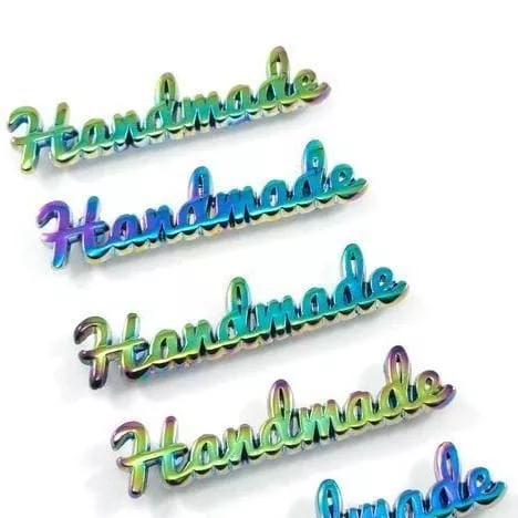 metal-bag-label-handmade-rainbow-iridescent Metal Bag Label: "handmade" - Rainbow Iridescent
