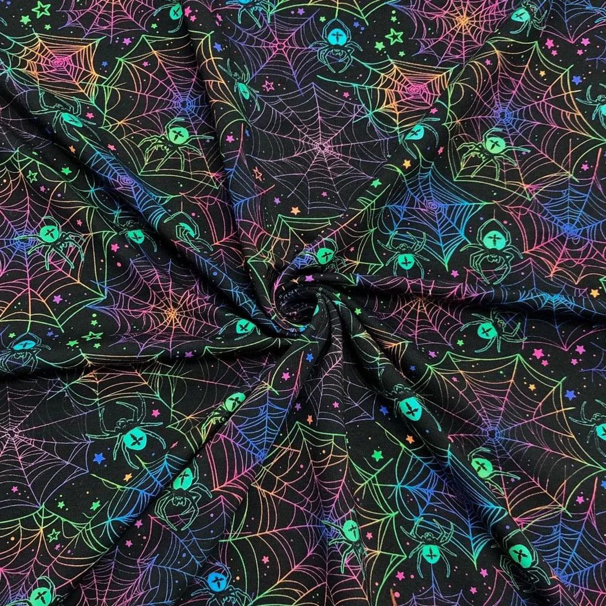 multicoloured-spider-webs-on-black-french-terry-fabric Multicoloured Spider Webs on Black French Terry Fabric