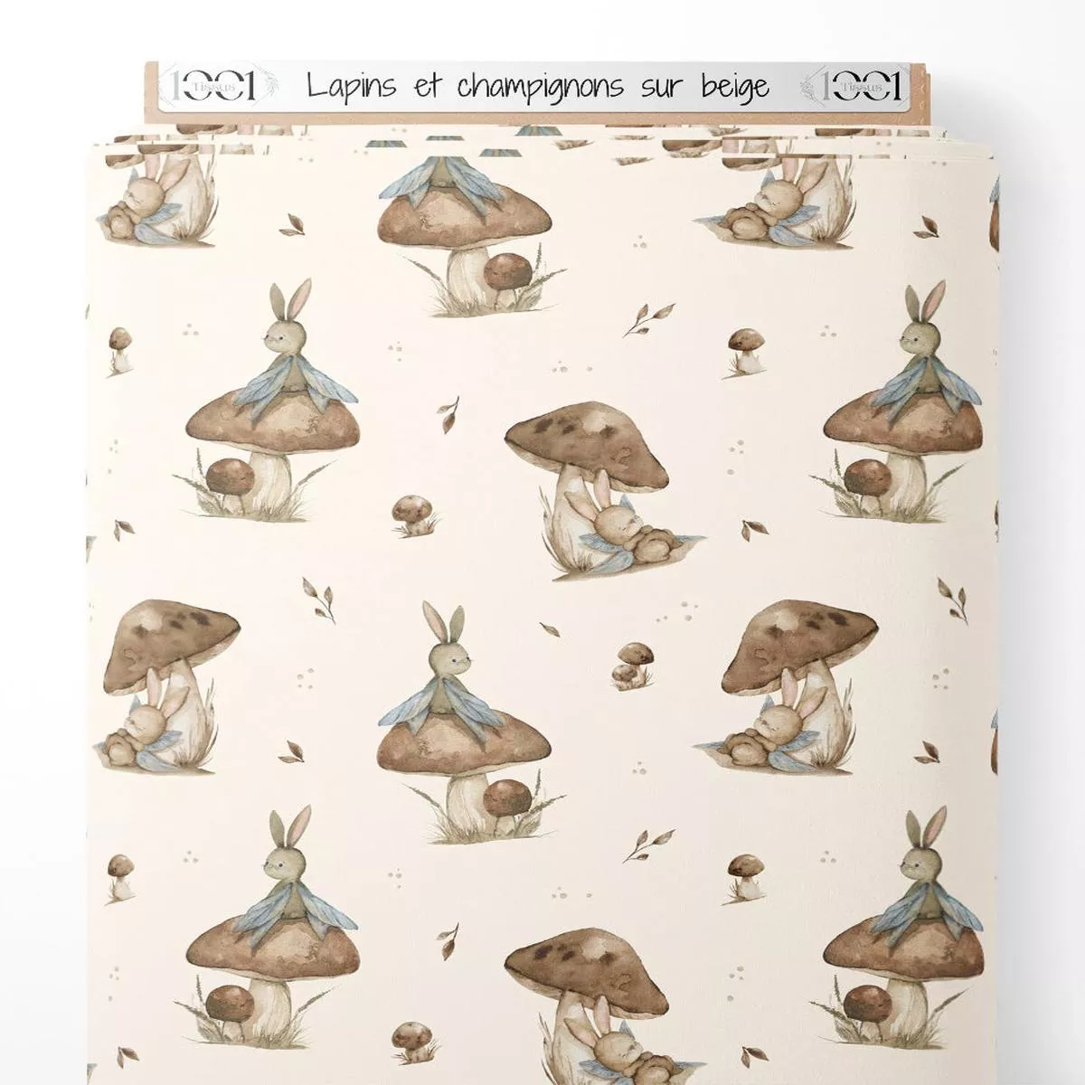 tissu-lapins-et-champignons-sur-beige Tissu – Lapins et champignons sur beige