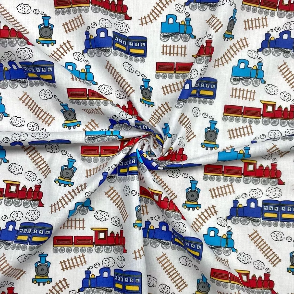 trains-on-white-polycotton-fabric Trains on White Polycotton Fabric